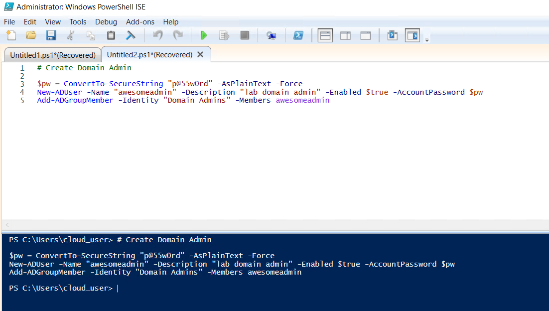 PowerShell ISE on the dc VM with the domainadmin script open in the top pane creating awesomeadmin and adding it to Domain Admins