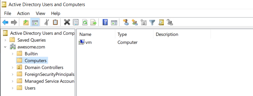 Server Manager Local Server panel on the vm machine showing the Domain field reads awesome.com confirming the domain join succeeded