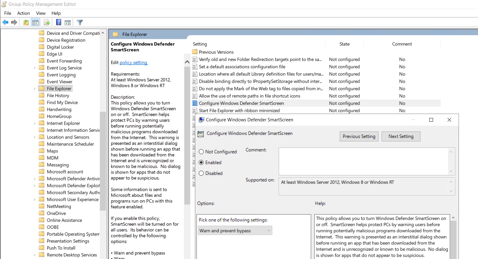 Group Policy Management Editor with the smartscreen GPO open expanded to Computer Configuration Policies Administrative Templates Windows Components File Explorer with the Configure Windows Defender SmartScreen setting selected and the Edit policy setting link visible