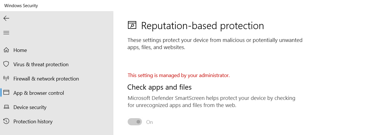 Windows Security app on the vm machine showing App and browser control with the Reputation-based protection settings panel open and the Check apps and files toggle in the On position but greyed out with the message This setting is managed by your administrator
