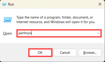 Run dialog with perfmon typed in the Open field ready to launch the Performance Monitor MMC snap-in