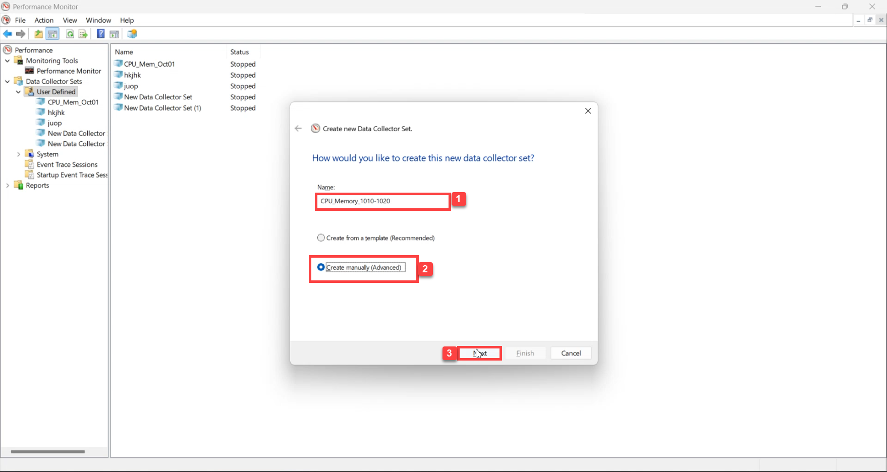 Create New Data Collector Set wizard Name page with the value CPU_Memory_1030_to_11PM entered and the Create manually Advanced radio selected