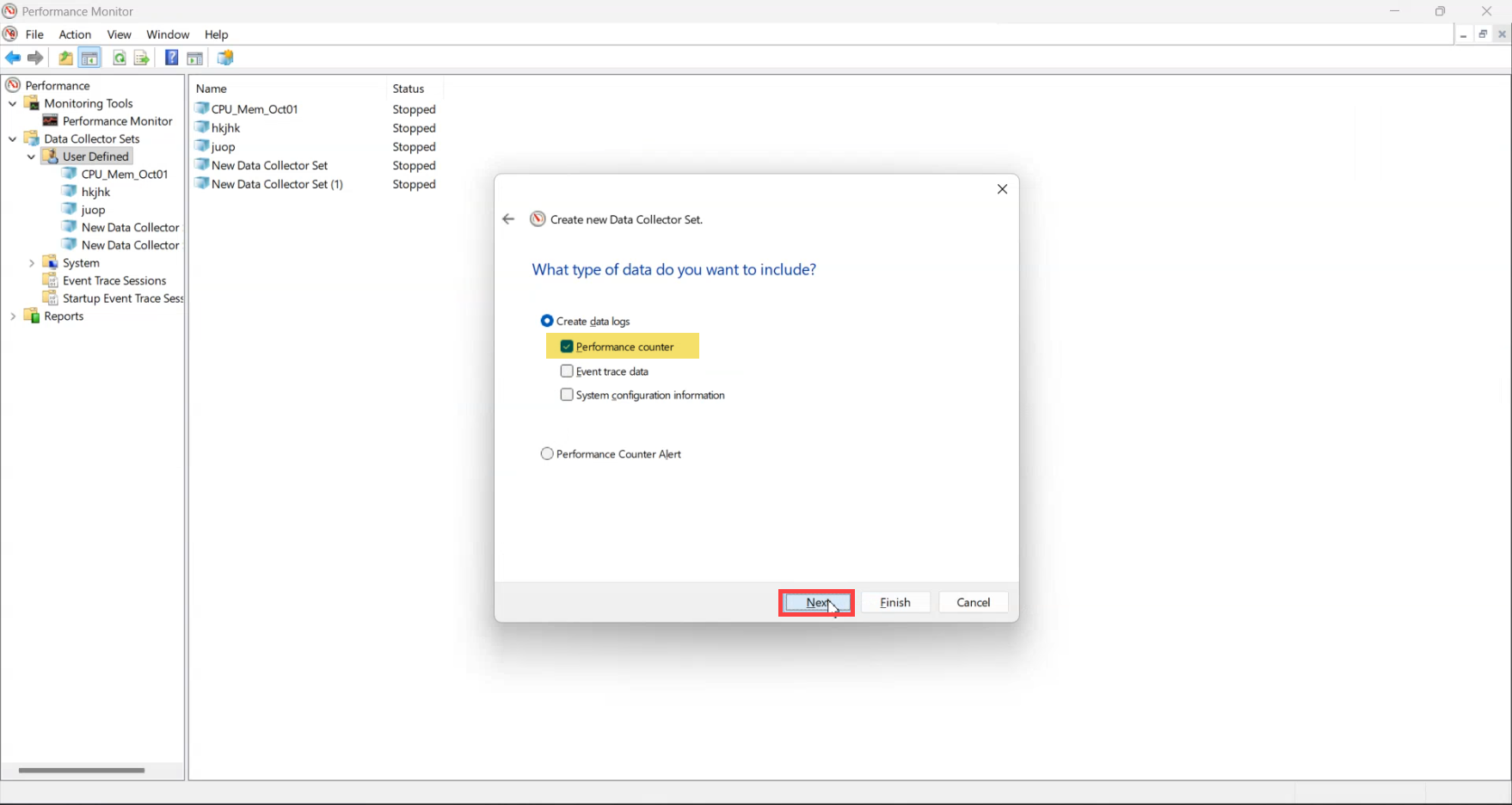 Create New Data Collector Set wizard What type of data do you want to include page with Performance counter ticked