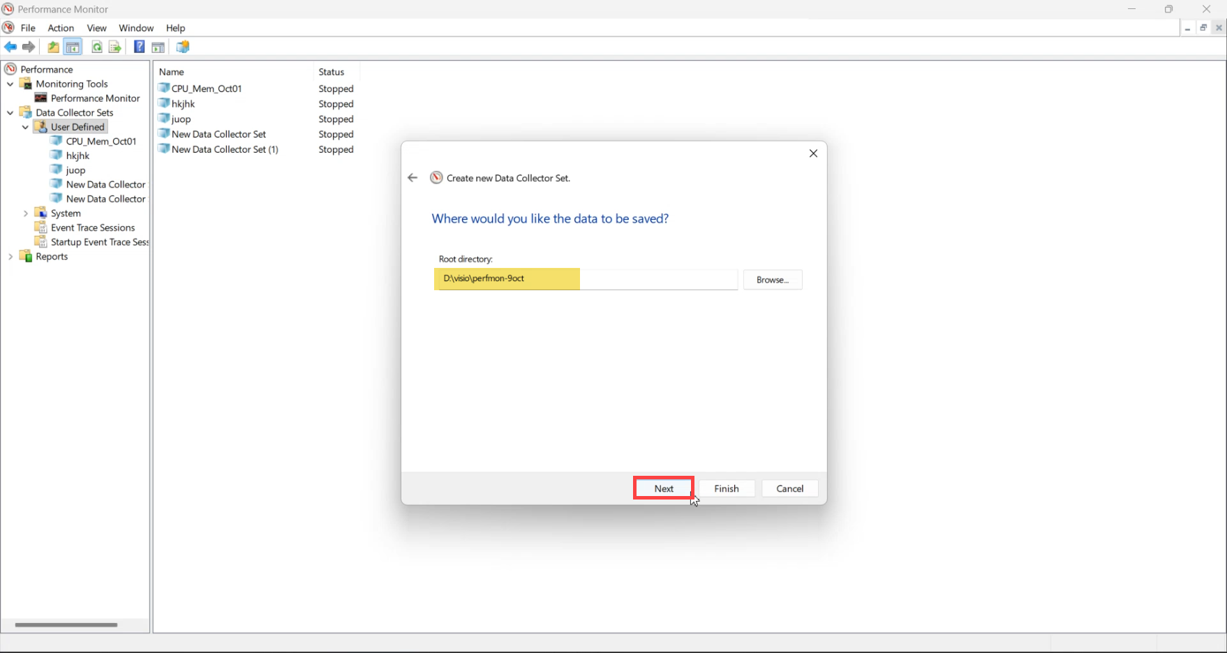 Where would you like the data to be saved page showing the default C colon backslash PerfLogs path with browse button to change