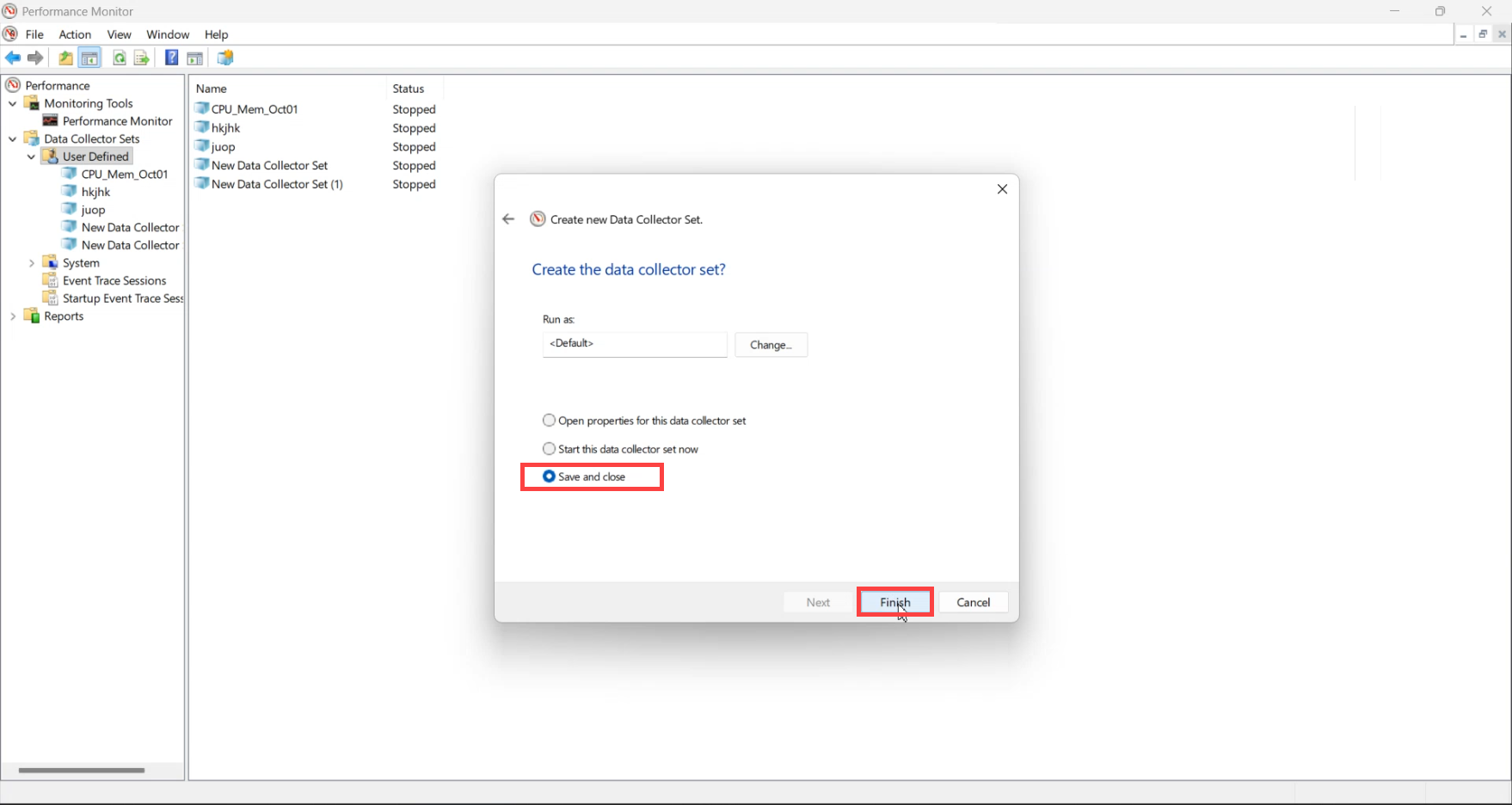 Create the Data Collector Set wizard final Save and close radio selected with Finish button enabled
