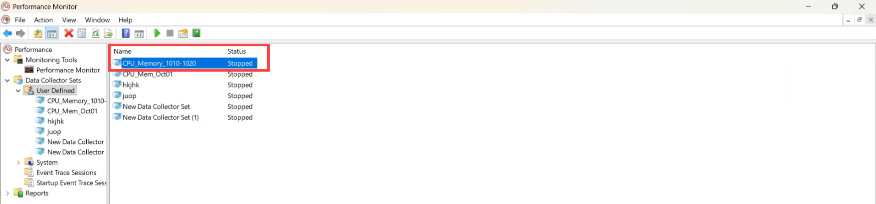 Performance Monitor left pane showing the new CPU_Memory_1030_to_11PM Data Collector Set listed under User Defined and selected