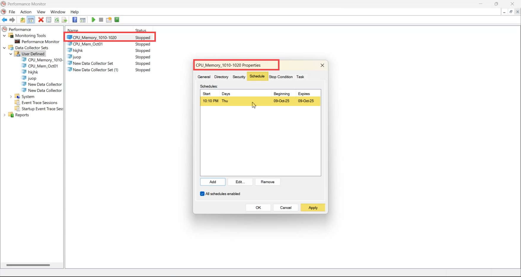 Data Collector Set Properties dialog Schedule tab with the Folder Action create-schedule sub-dialog open showing Beginning date today plus Start time 10:30:00 PM with all weekdays selected