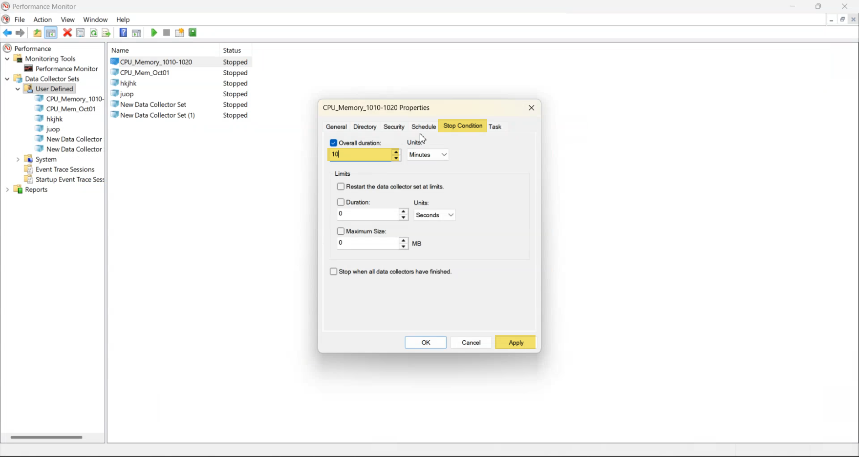 Data Collector Set Properties dialog Stop Condition tab with the Overall duration Stop after checkbox ticked and the value set to 30 minutes