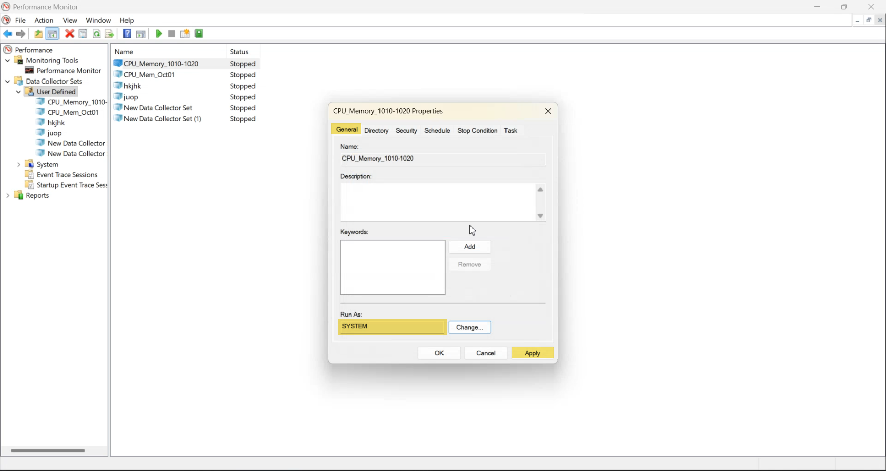 Data Collector Set Properties dialog Security tab showing the Group or user names list and the Run as field set to a domain admin account with the change-password button