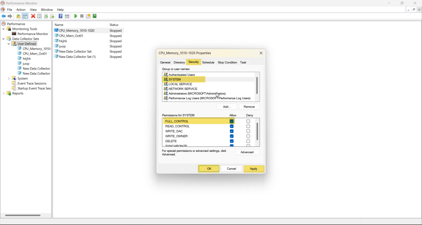 Data Collector Set Properties dialog Security tab with the Permissions for SYSTEM area showing Full Control granted via the Allow column ticks