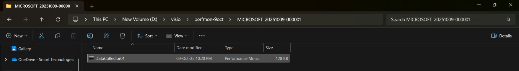 File Explorer at C colon backslash PerfLogs backslash CPU_Memory_Test showing the resulting CPU_Memory_1030_to_11PM_NNNNN.blg binary log file written by the scheduled capture