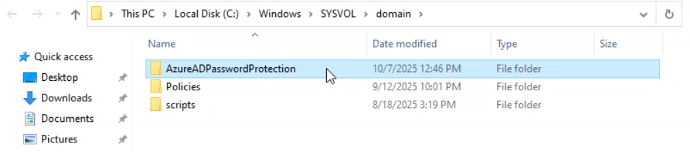 Architecture diagram showing the Microsoft Entra Password Protection data-flow from the Microsoft cloud through the on-prem Proxy Service to the DC Agent installed on each Domain Controller, with arrows depicting hourly policy synchronization and the Sysvol-replication path that distributes the cached policy to all DCs in the forest