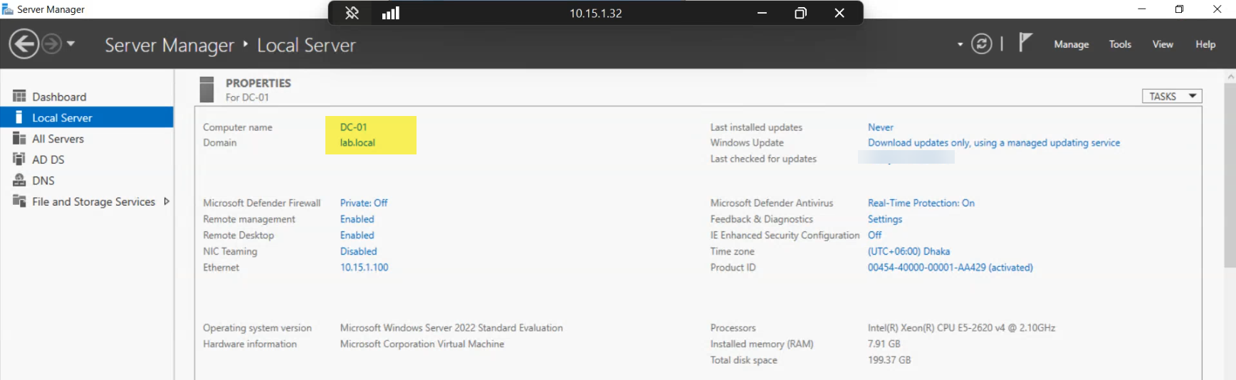 Domain Controller properties window showing the test lab DC name, fully-qualified domain name, IPv4 address, and Active Directory site, providing the baseline state of the writable controller before the password protection deployment begins