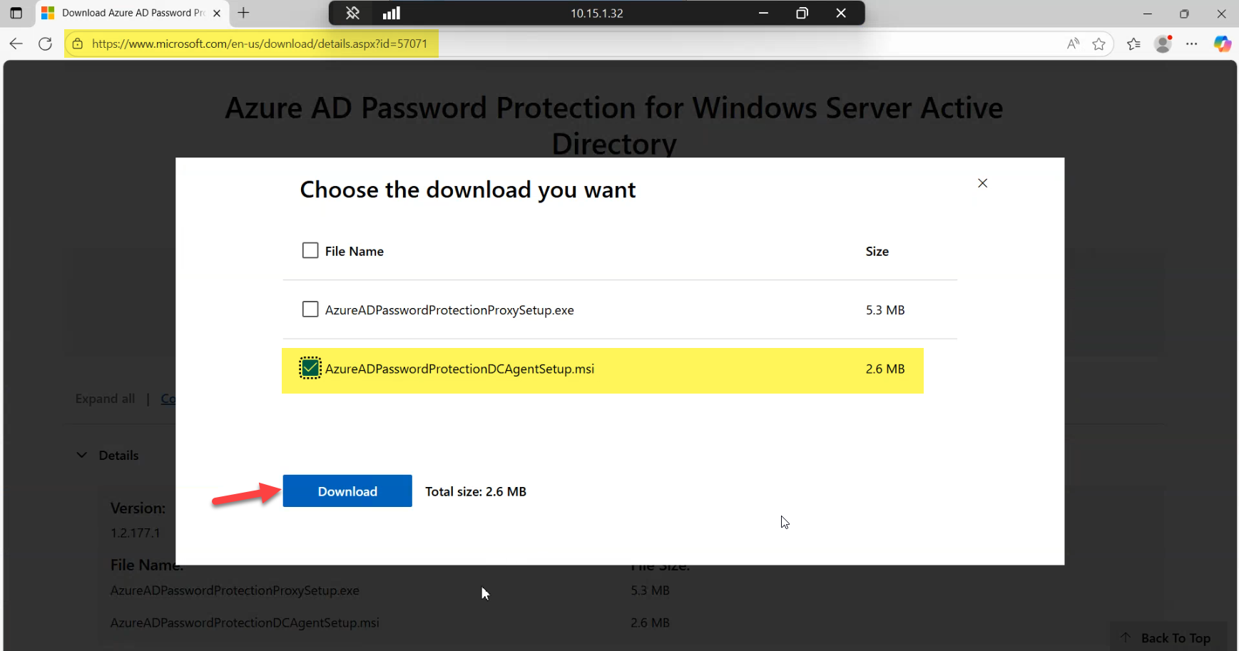 Microsoft Download Center page open in a browser displaying the AzureADPasswordProtectionDCAgentSetup.msi installer with file size and language details, ready to be saved locally for transfer to the writable controller