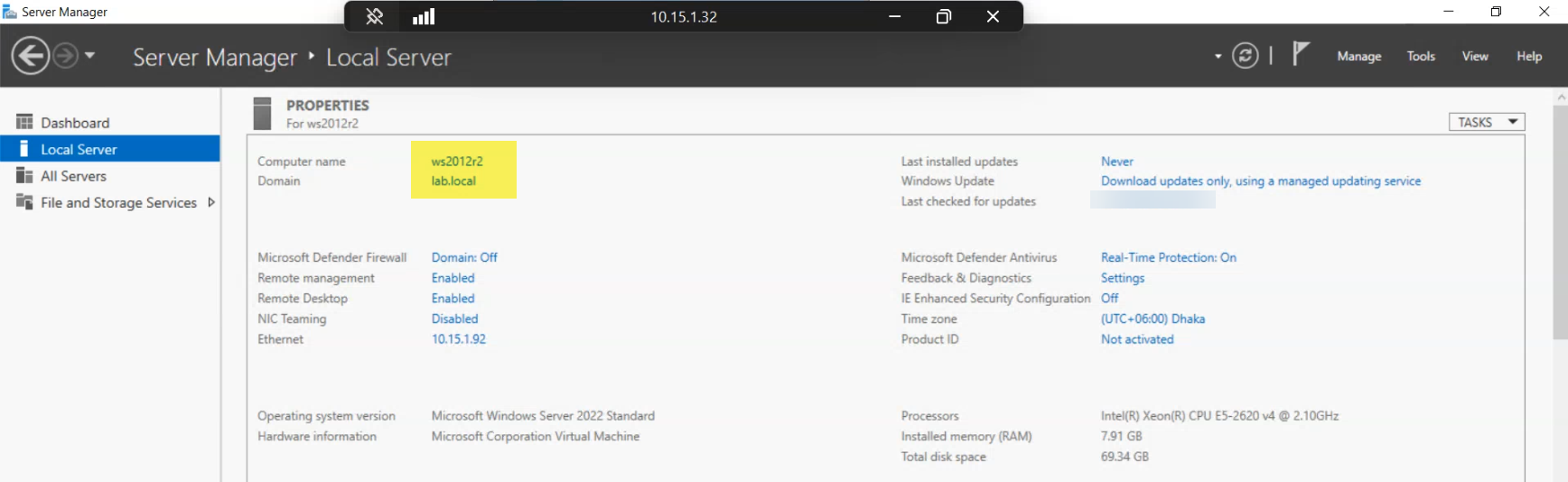 Server Manager open on a domain-joined member server showing the local server dashboard with the computer name, domain membership, and Windows firewall status, identifying the host that will run the proxy service