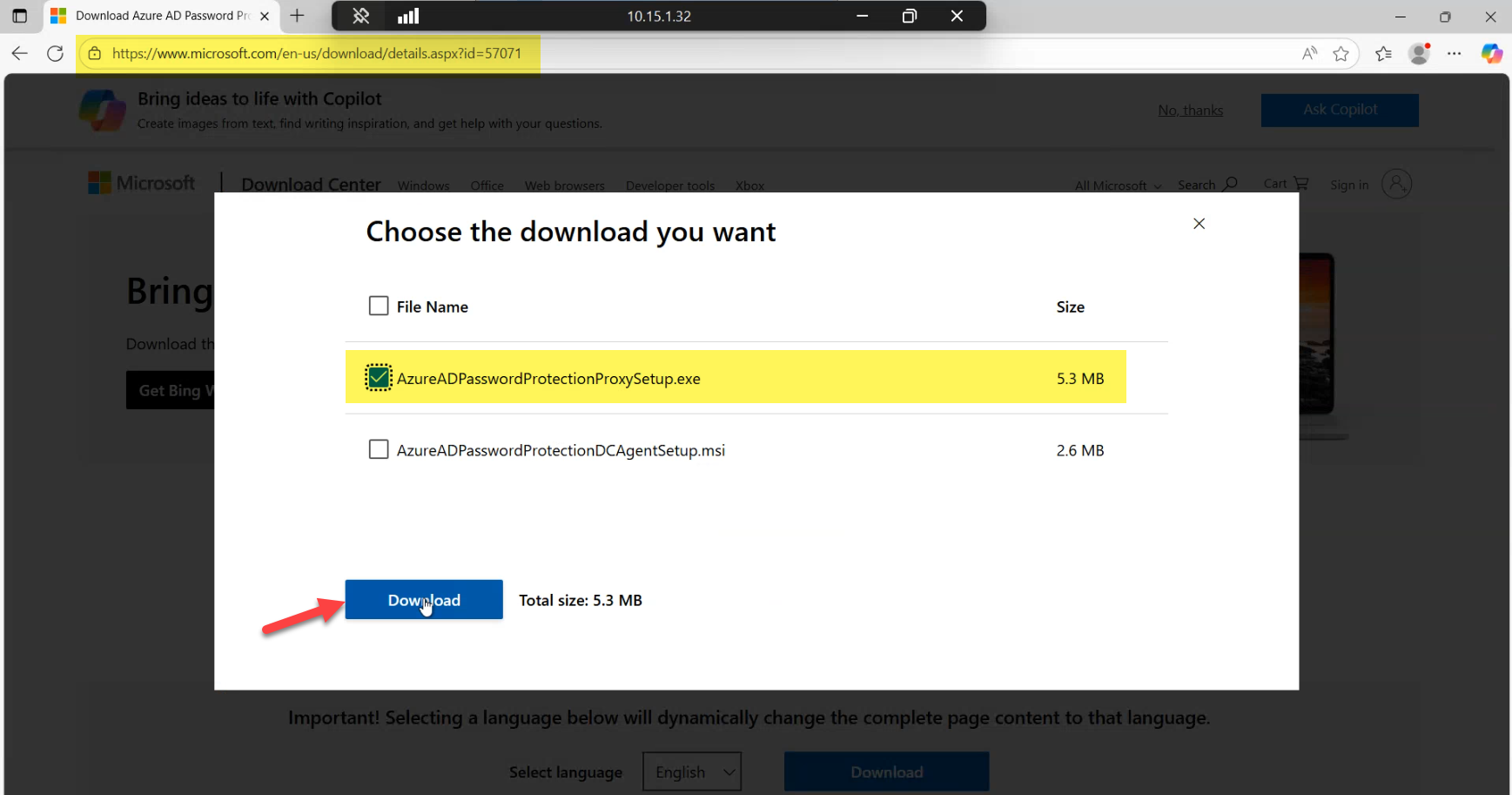Browser session at the Microsoft Download Center showing the AzureADPasswordProtectionProxySetup.exe installer entry alongside the agent file, with both packages selected for download to the staging share