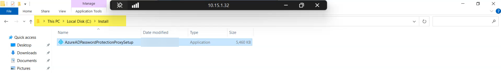 Windows File Explorer showing the C:\install folder on the member server with the proxy setup executable copied in place and visible alongside the agent installer that will later be moved to the writable controllers