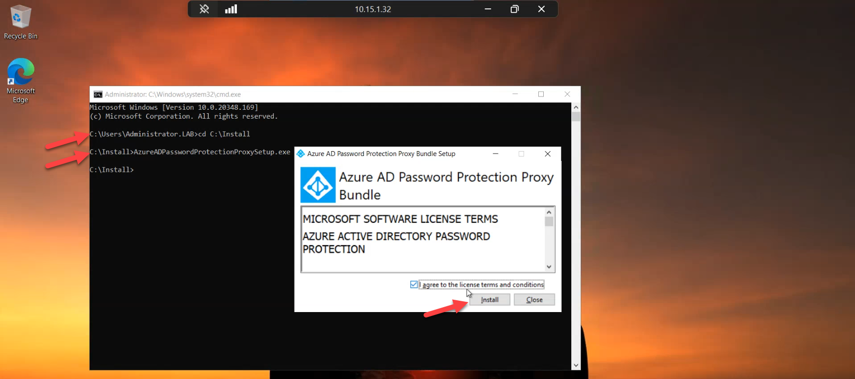 Proxy installer running on the member server with the End User License Agreement checkbox accepted and the Install button highlighted, the typical first interactive screen of the proxy MSI bootstrap
