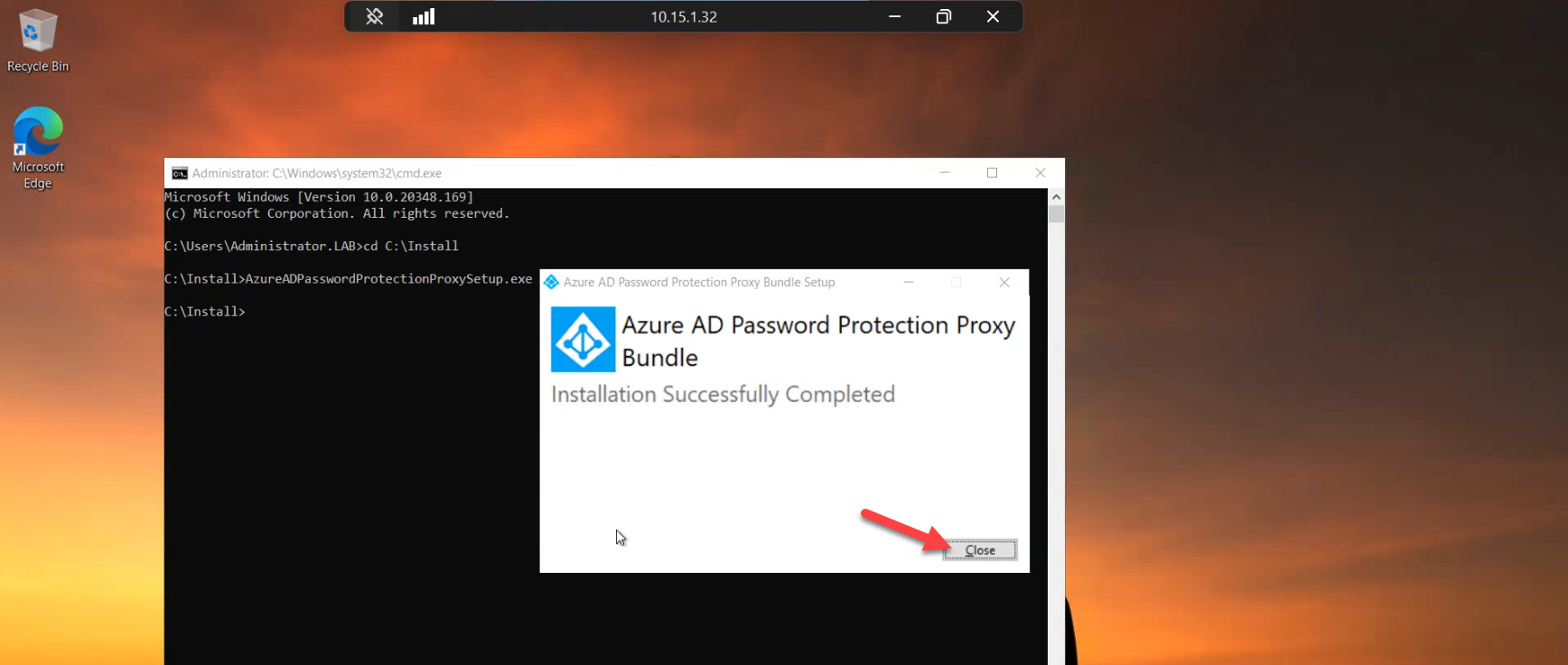 Final installer screen of the proxy bootstrap with the green completion banner and the Close button visible, showing the proxy service binaries staged but not yet registered with the cloud tenant