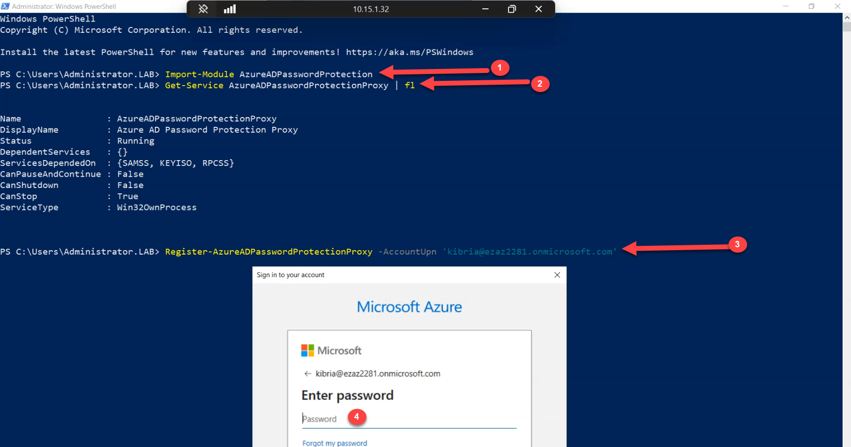Elevated PowerShell 64-bit console on the member server running Register-AzureADPasswordProtectionProxy with a Global Administrator credential prompt overlay, the one-time call that pairs this proxy host with the cloud tenant