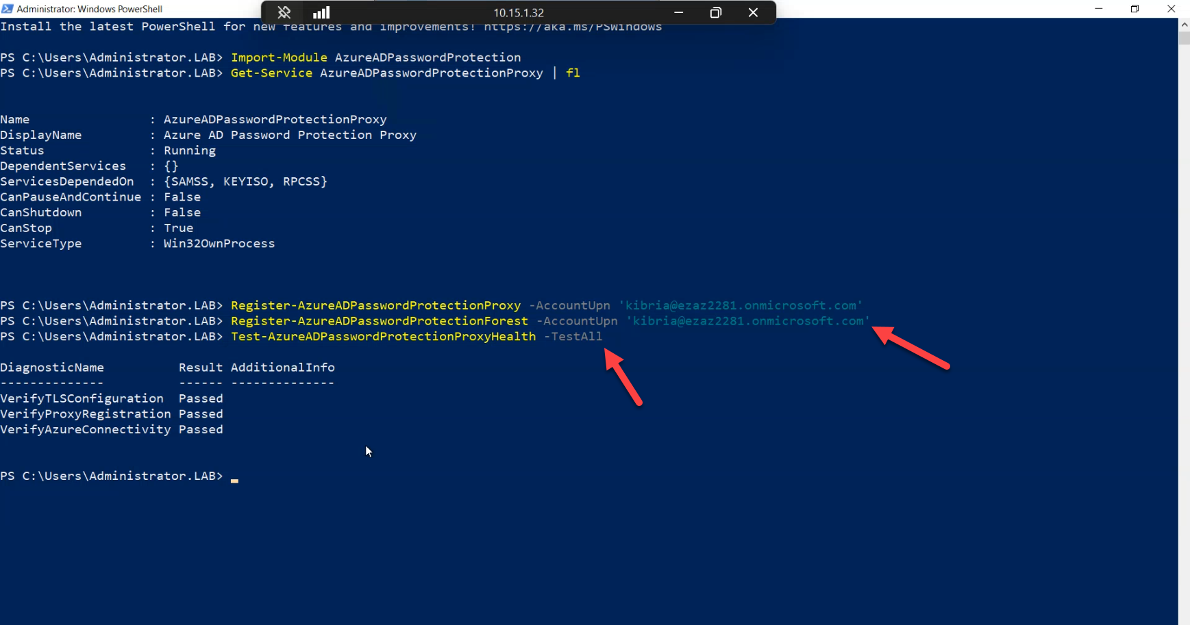 Same elevated PowerShell session running Register-AzureADPasswordProtectionForest, returning a success record with the forest name and tenant ID, completing the once-per-tenant call that links the on-prem forest to the cloud policy source