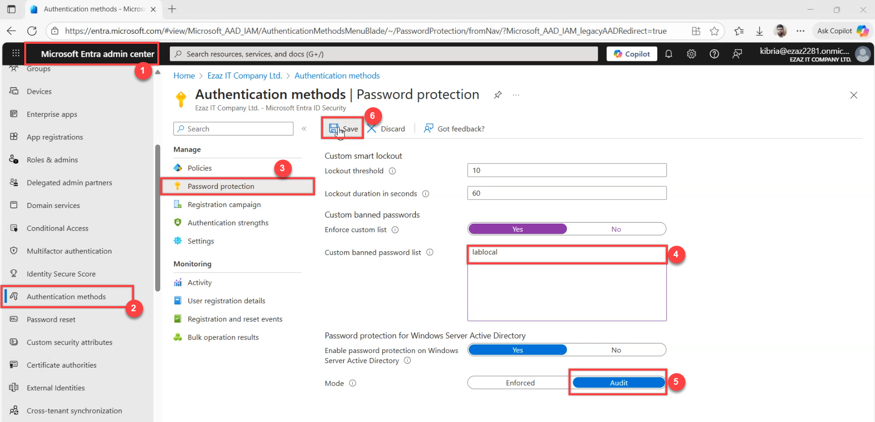 Microsoft Entra admin centre Authentication methods page open at Password protection, with the custom banned list enabled, the company name added to the list, the Audit radio button selected, and the Save toolbar visible at the top