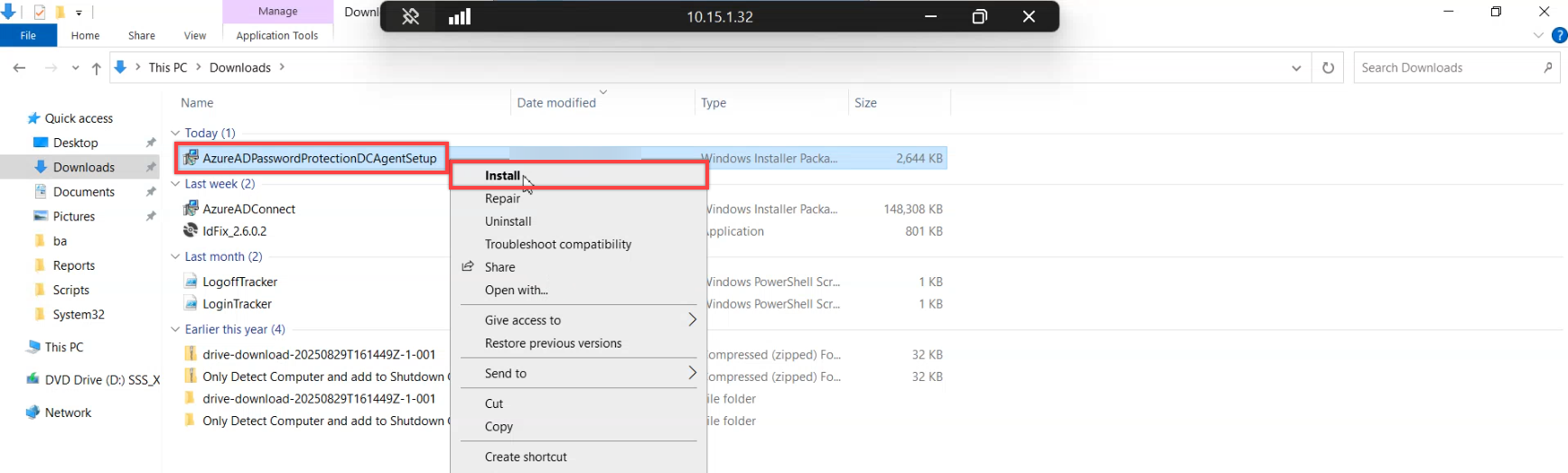 Domain Controller running the agent MSI installer with the install path and disk space requirements visible, the package that drops the password filter DLL onto the controller and registers it with the LSA