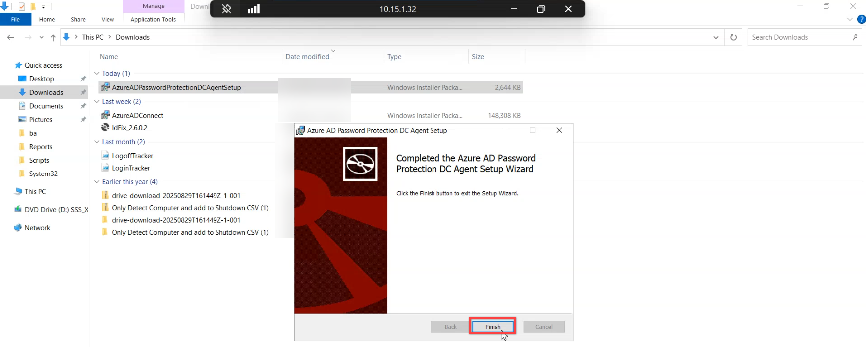 Final screen of the agent MSI installer showing successful component installation and the Finish button highlighted, with the post-install reboot prompt about to surface