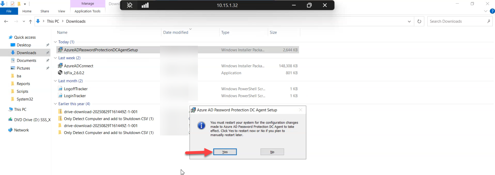 Restart-required dialog raised by the agent installer with Yes and No buttons visible, the gate that triggers the automatic reboot needed for the password filter DLL to load into LSASS at the next boot