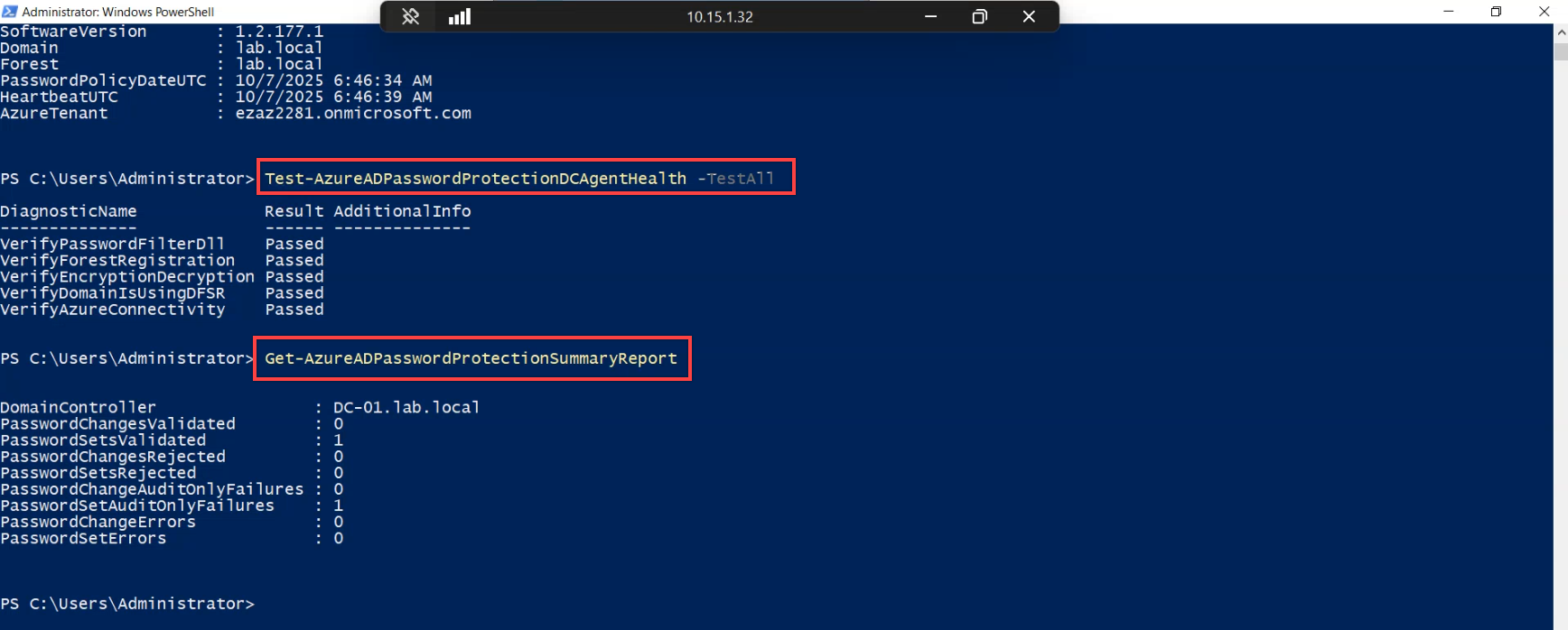 Elevated PowerShell session running Get-AzureADPasswordProtectionDCAgent listing every controller in the forest where the agent service is installed, returning rows with hostname, agent version, heartbeat time, and forest name for inventory verification