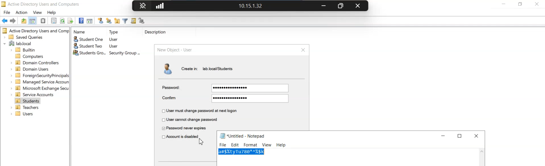 Active Directory Users and Computers MMC creating a new user account with a strong opening password that satisfies both the legacy complexity rule and the new banned list policy, used as the test subject for the audit walk