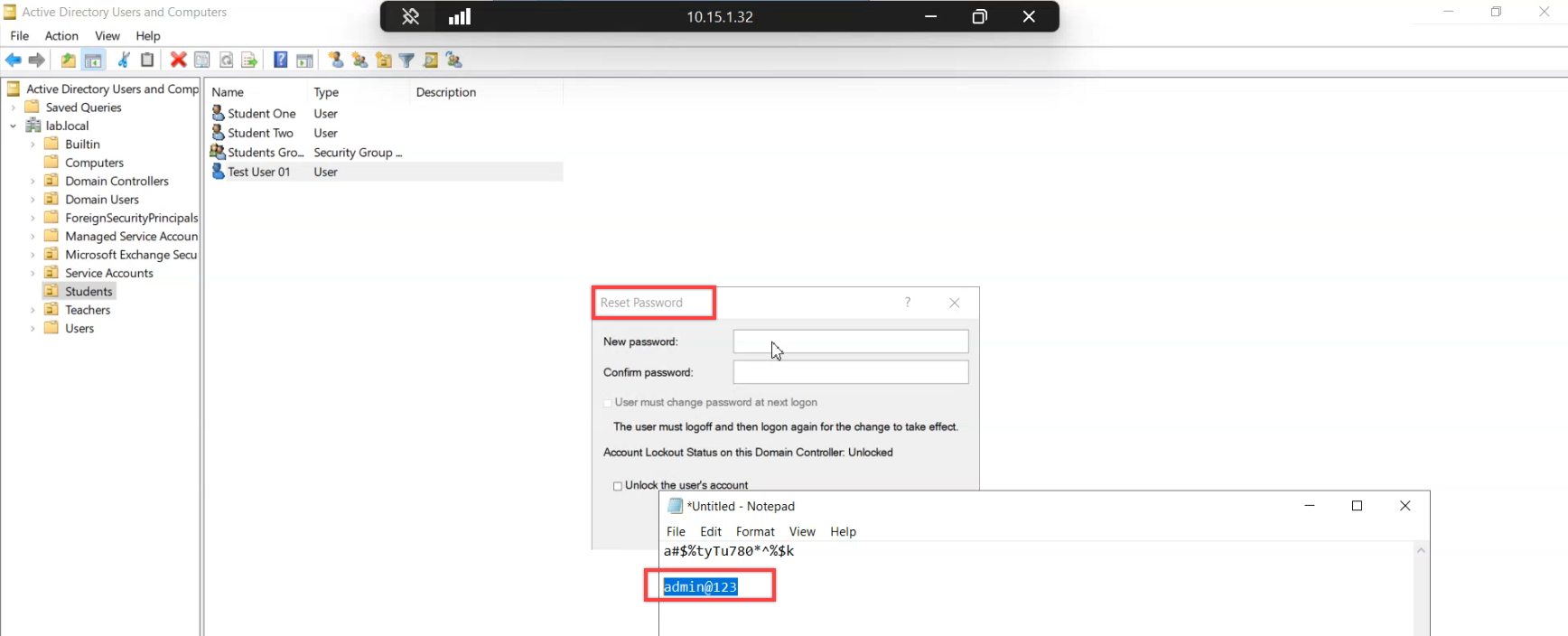 ADUC reset password dialog with the simple credential admin@123 typed into both fields, the deliberately weak input that exercises the banned list check while the agent is still in audit mode