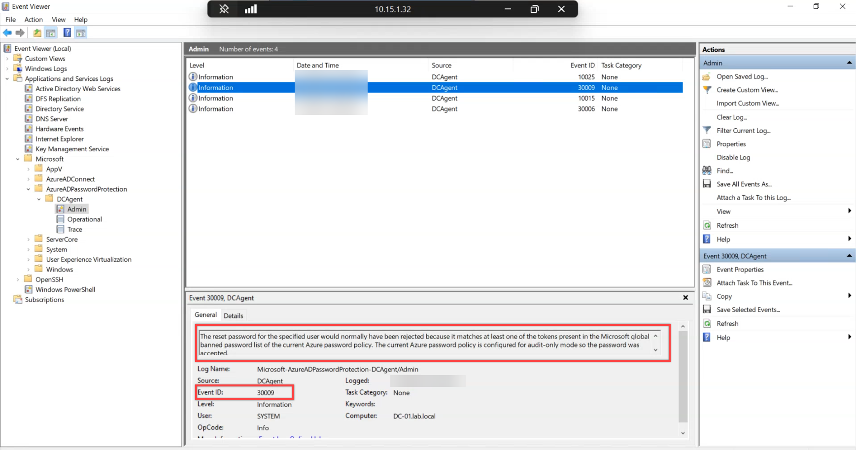 Same Event Viewer scope showing event 30009 from the DCAgent source with the global banned token match described in the message body, indicating the input matched a Microsoft-curated dictionary entry