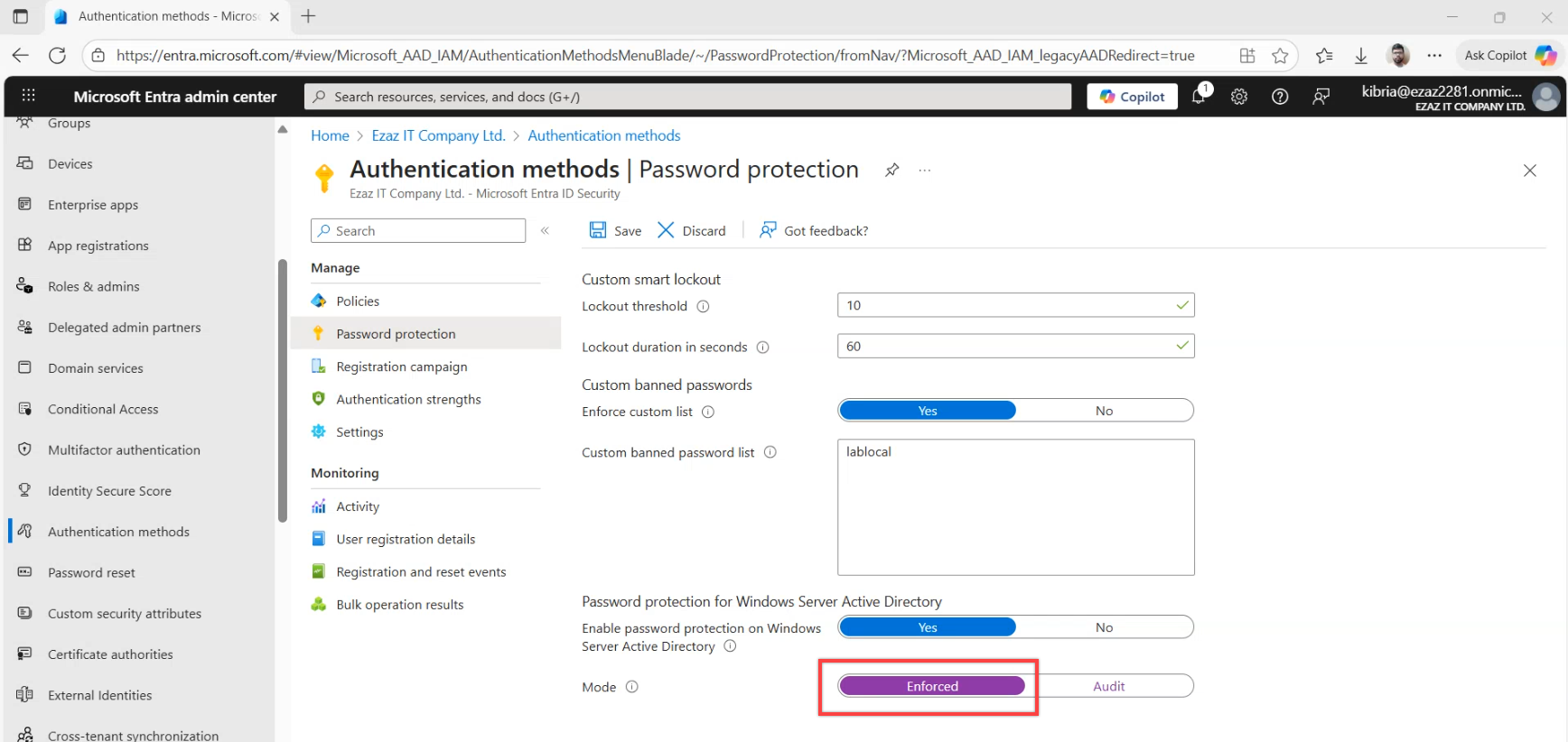 Microsoft Entra admin centre Password protection page with the mode toggle moved from Audit to Enforce and the Save action highlighted, the one-click change that promotes the agents from passive logging to active rejection