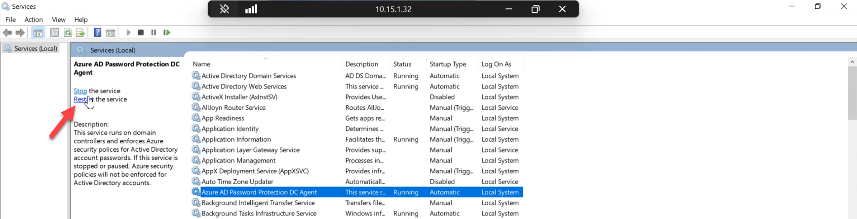 Elevated PowerShell session restarting the AzureADPasswordProtectionDCAgent service with Restart-Service, the manual nudge that forces the agent to refresh its cached policy and pick up the new enforce setting without waiting for the next poll cycle