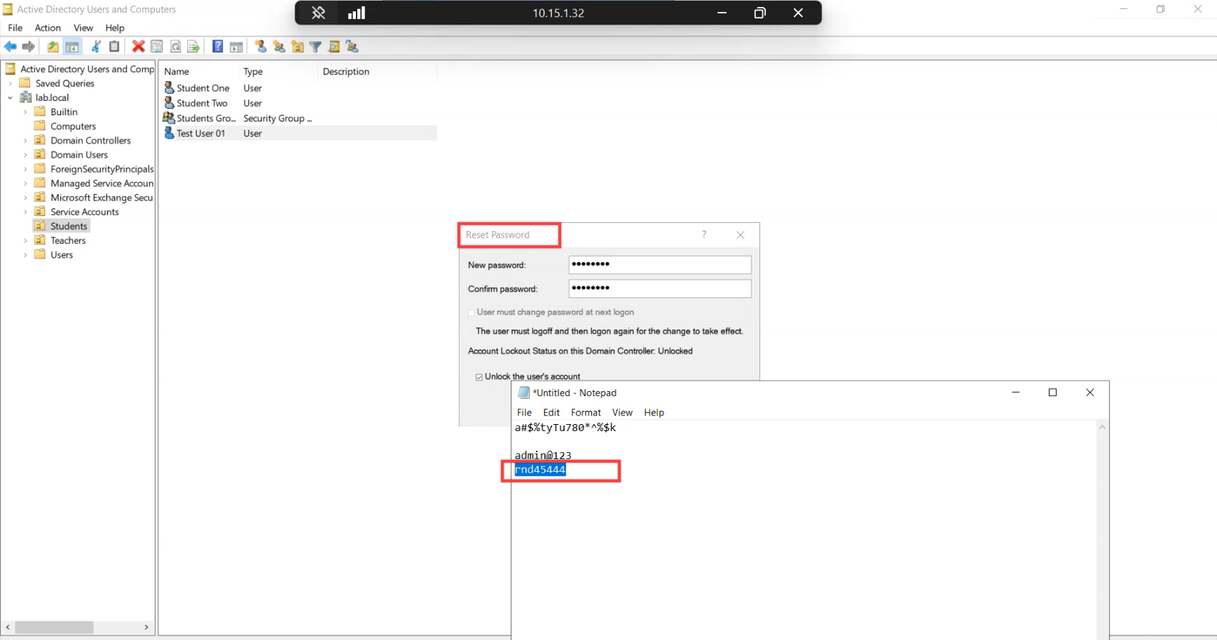 ADUC reset password dialog open against the test user with a deliberately weak input typed in, the first attempt to confirm enforce mode now rejects what audit mode previously logged-and-allowed