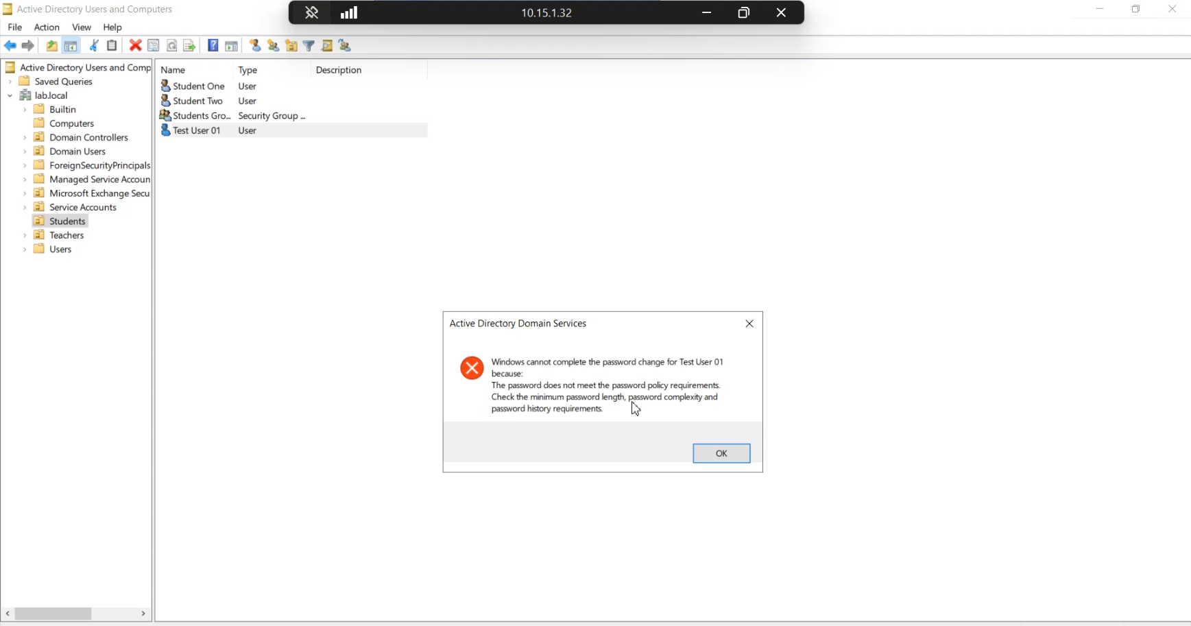 Active Directory error dialog returned by the controller after the previous reset attempt, with the standard length-complexity-history rejection wording that masks the underlying banned list match from the user