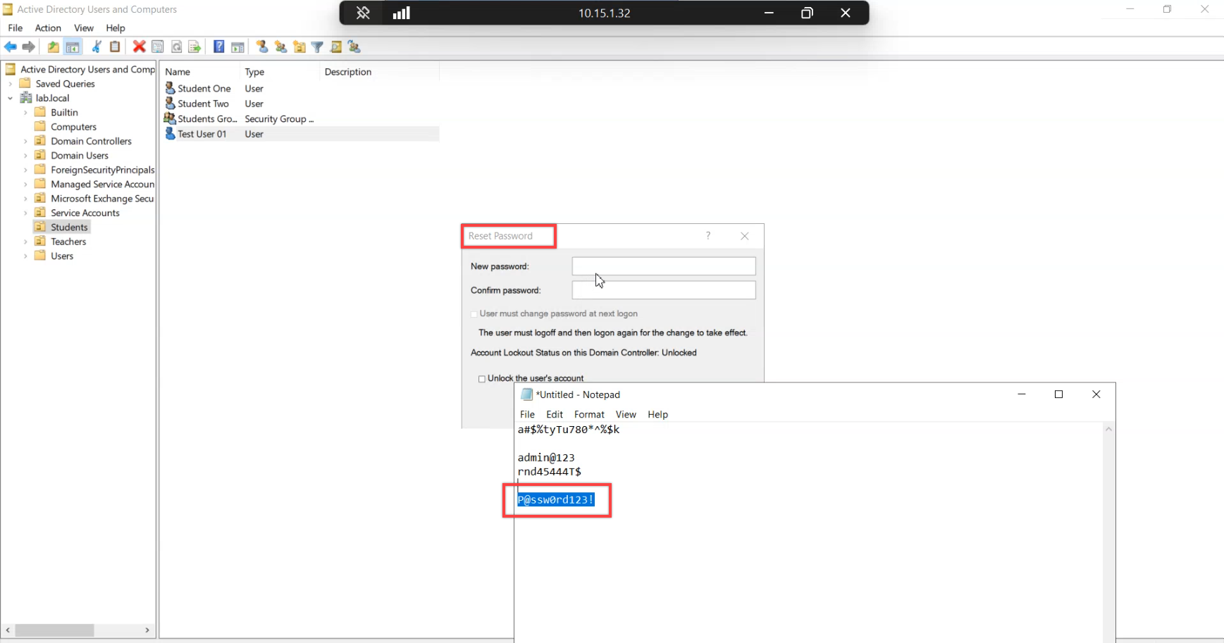 ADUC reset password dialog with a slightly more complex but still guessable input typed in, the second attempt that proves the banned list catches predictable variants the legacy complexity rule lets through