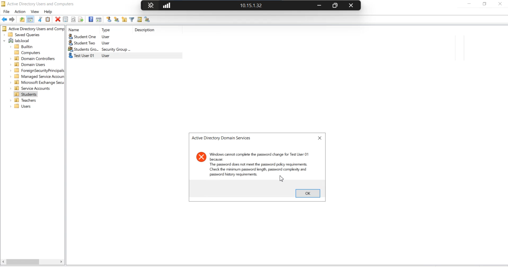 Same Active Directory error dialog returned for the second attempt, demonstrating that pattern-based weak inputs are rejected even when they pass the legacy minimum-length and character-class checks