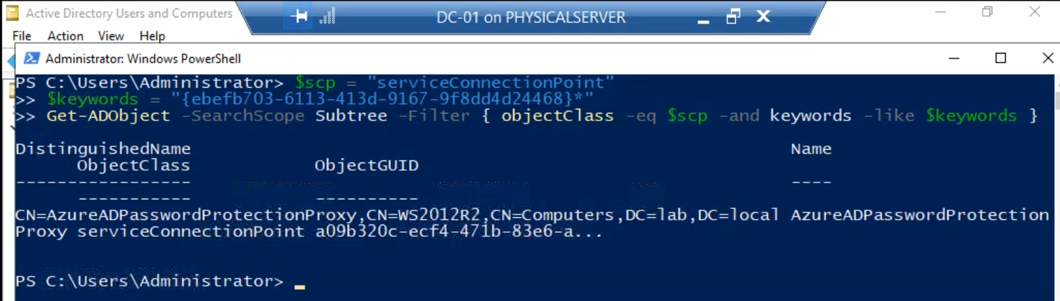 Elevated PowerShell session showing the output of a Get-ADObject query filtered by the proxy service connection point GUID, listing the distinguished name of every host in the forest where the proxy software is currently registered