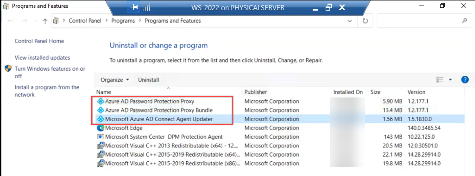 Programs and Features control panel applet on a member server showing the three packages associated with the proxy: Microsoft Azure AD Connect Agent Updater, Azure AD Password Protection Proxy, and Azure AD Password Protection Proxy Bundle, ready to be selected for removal