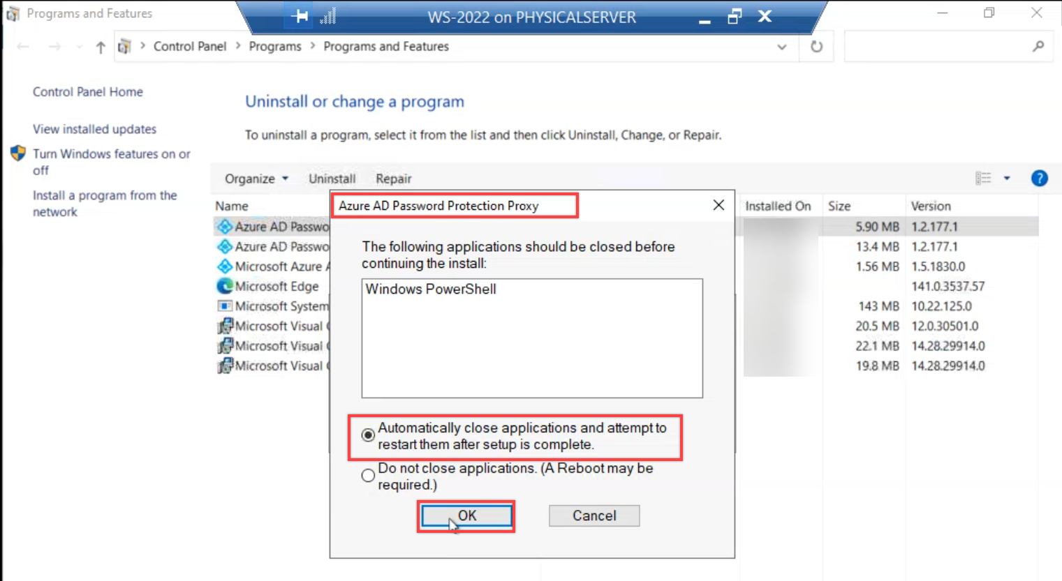 Uninstall wizard in progress showing the proxy bundle being removed with a progress bar and the package name visible in the wizard title