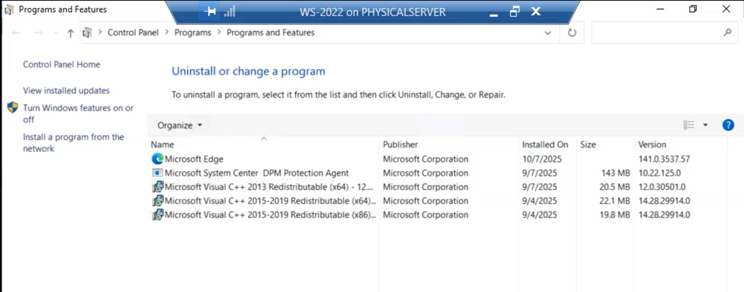 Programs and Features after the proxy uninstall completes, with the three proxy-related entries no longer present in the installed-program list, confirming a clean removal from this host