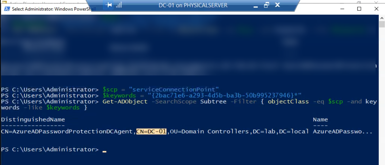 Elevated PowerShell session showing the output of a Get-ADObject query filtered by the agent service connection point GUID, listing every writable controller in the forest where the agent software is currently registered