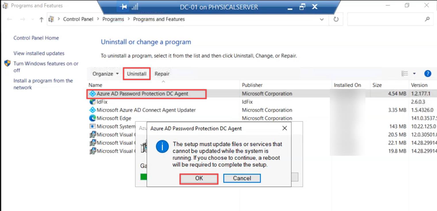 Programs and Features on a writable controller showing the agent package selected and the uninstall action being initiated, the per-controller step that has to repeat across the fleet