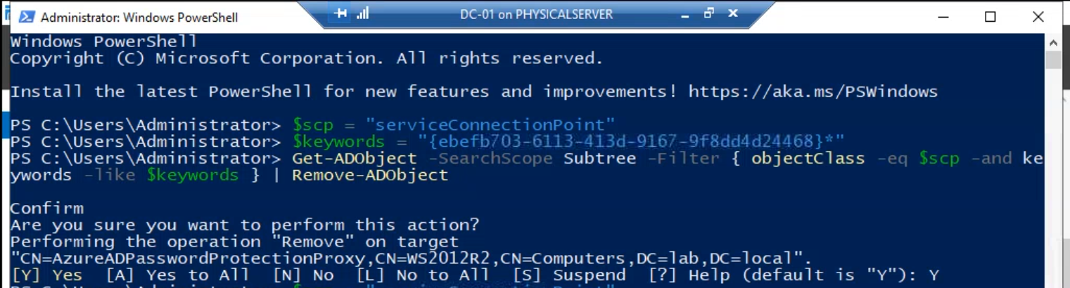 Elevated PowerShell session running Remove-ADObject piped from the proxy SCP query, with the per-object Y/N prompt visible and a Y confirmation entered to delete the proxy service connection points from each domain naming context