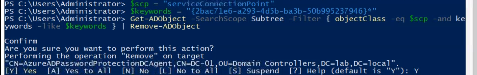 Same elevated PowerShell session running Remove-ADObject piped from the agent SCP query, deleting the agent service connection points from every domain naming context across the forest