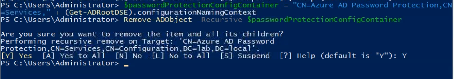 Elevated PowerShell session running Remove-ADObject -Recursive against the CN=Azure AD Password Protection container under CN=Services in the configuration naming context, with the recursive-delete confirmation prompt visible