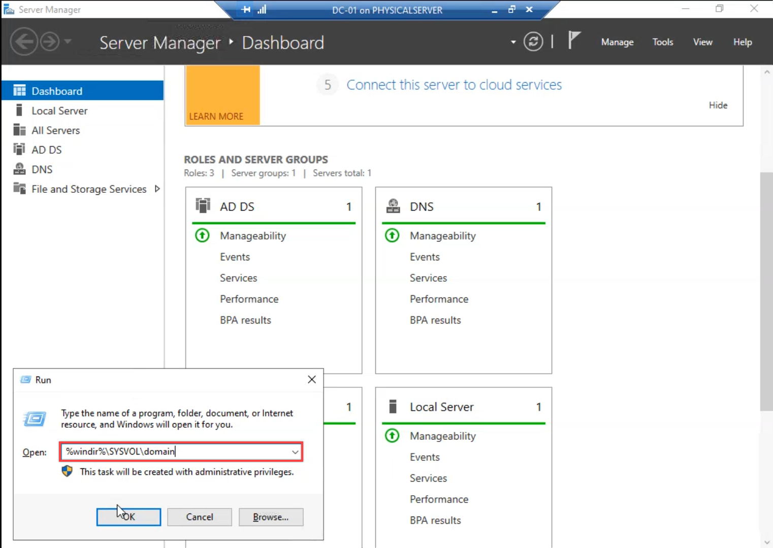 Windows File Explorer open at the SYSVOL path on a writable controller showing the Policies folder alongside the AzureADPasswordProtection folder created during the original install