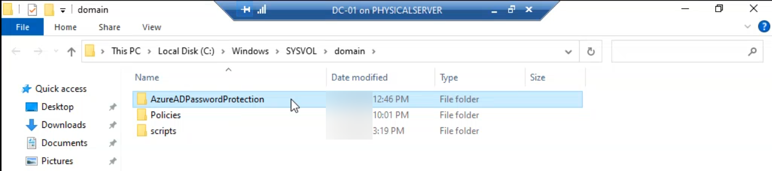 Same File Explorer view zoomed in on the AzureADPasswordProtection folder being right-clicked with the Delete option highlighted, the manual cleanup step that completes the teardown